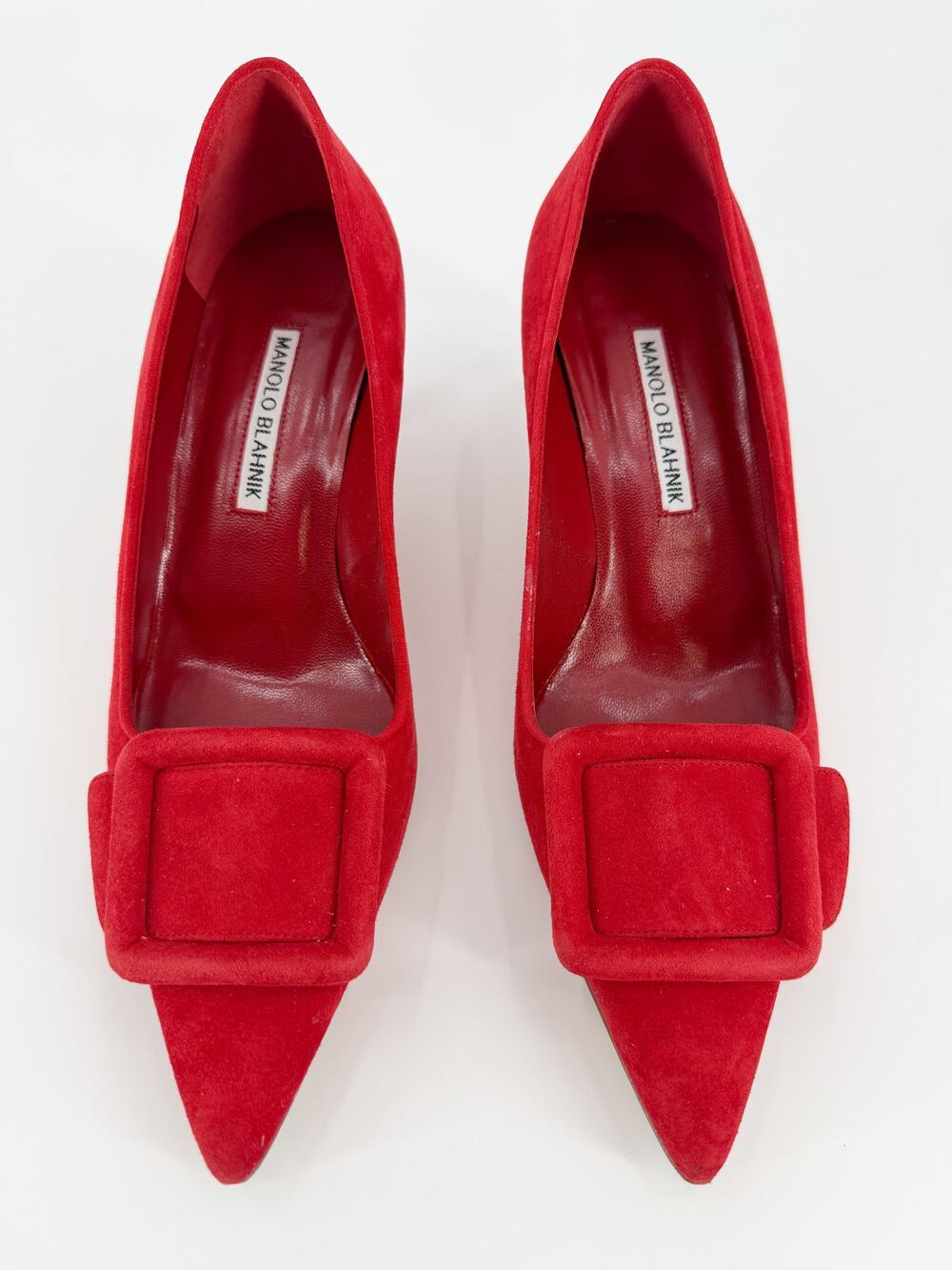 Manolo Blahnik Maysale 50 Red Suede Buckle Pointed Toe Pumps Box Size 38